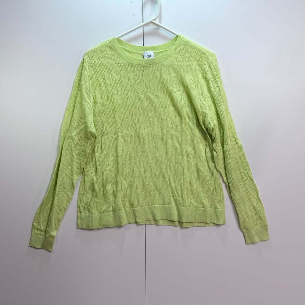 cabi Crew Neck Sweater Size L Lime Green Cotton Long Sleeve Open Knit